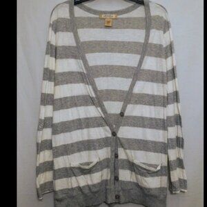 Apt. 9 Women's Striped Gray Deep V-Neck Front Pockets Cardigan Sweater Sz L